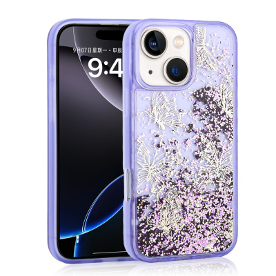 Apple iPhone 15 Kılıf Sıvılı Simli Kelebek Baskılı Şeffaf Arka Yüzey Zore Glis Silikon Kapak - Zore