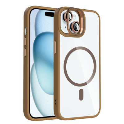 Apple iPhone 15 Kılıf Standlı ve Kamera Lens Hediyeli M-Safe Şarj Özellikli Zore Etro Kapak - Zore