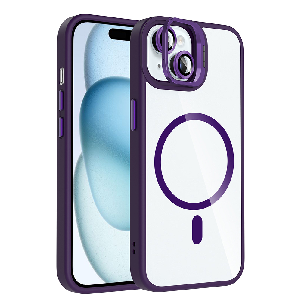 iPhone 15 Kılıf Standlı ve Kamera Lens Hediyeli M-Safe Şarj Özellikli NXXA Etro Kapak - Derin Mor