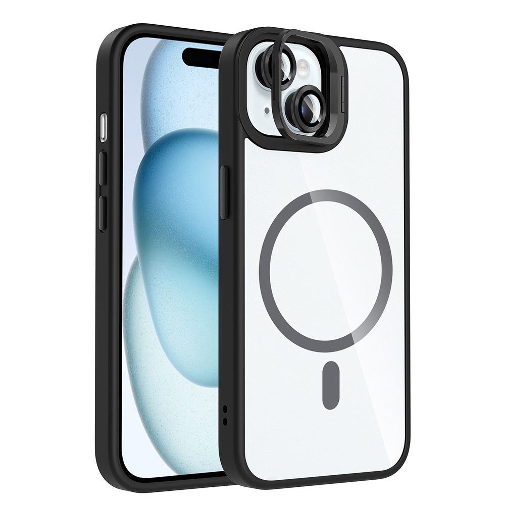 iPhone 15 Kılıf Standlı ve Kamera Lens Hediyeli M-Safe Şarj Özellikli NXXA Etro Kapak - Siyah