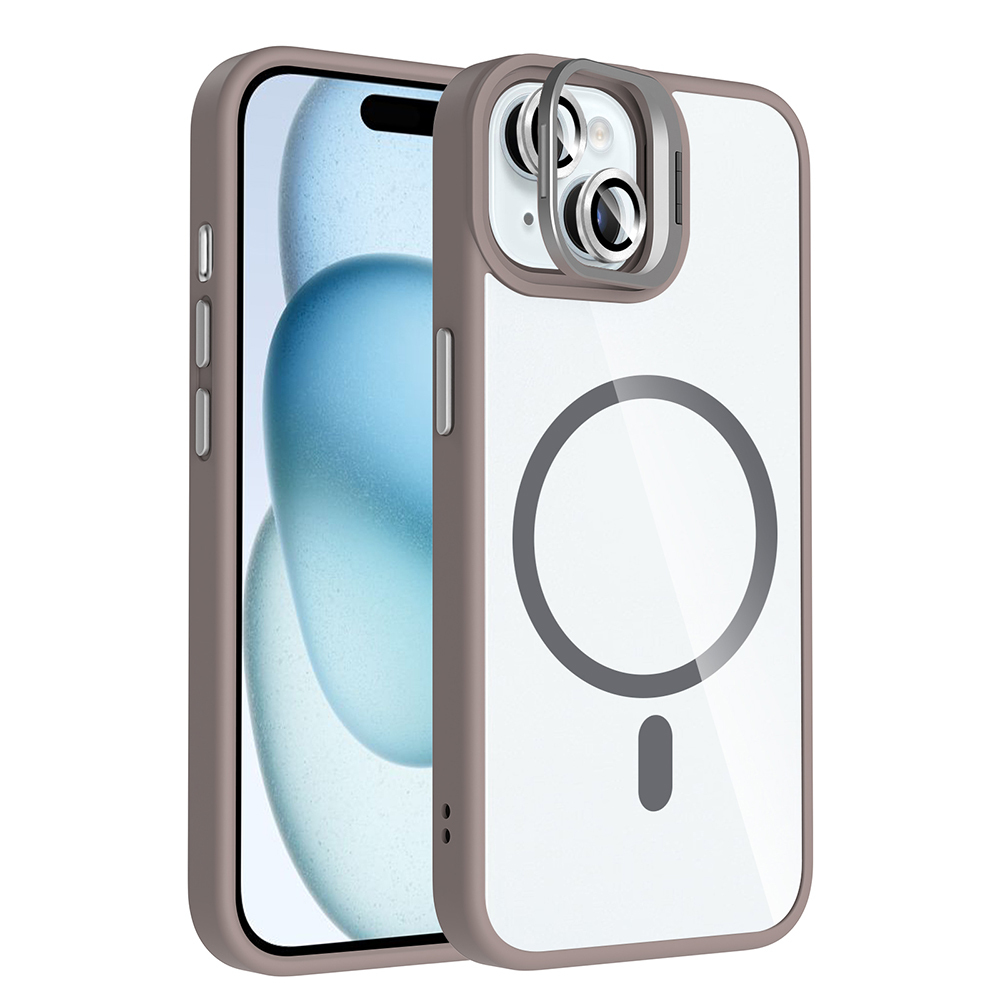 iPhone 15 Kılıf Standlı ve Kamera Lens Hediyeli M-Safe Şarj Özellikli NXXA Etro Kapak - Gri