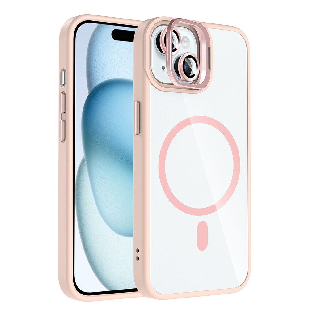 iPhone 15 Kılıf Standlı ve Kamera Lens Hediyeli M-Safe Şarj Özellikli NXXA Etro Kapak - Pembe