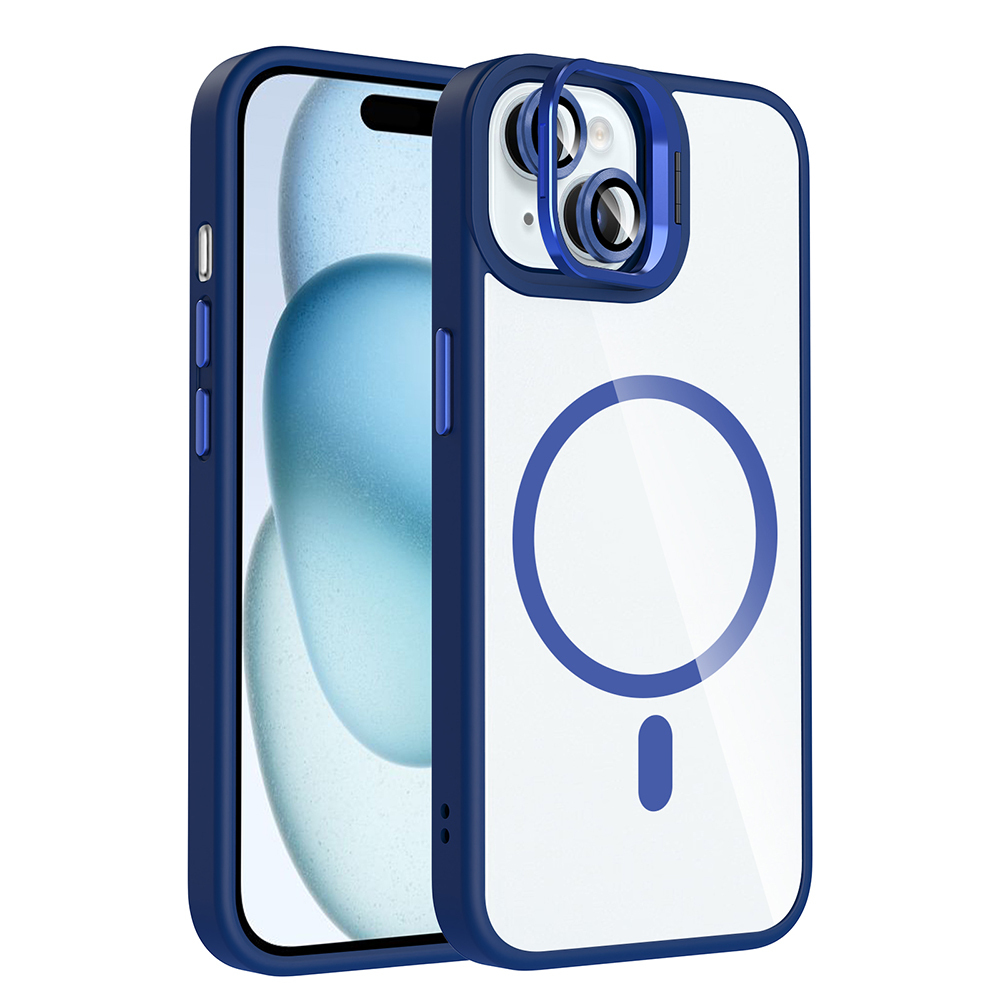iPhone 15 Kılıf Standlı ve Kamera Lens Hediyeli M-Safe Şarj Özellikli NXXA Etro Kapak - Lacivert