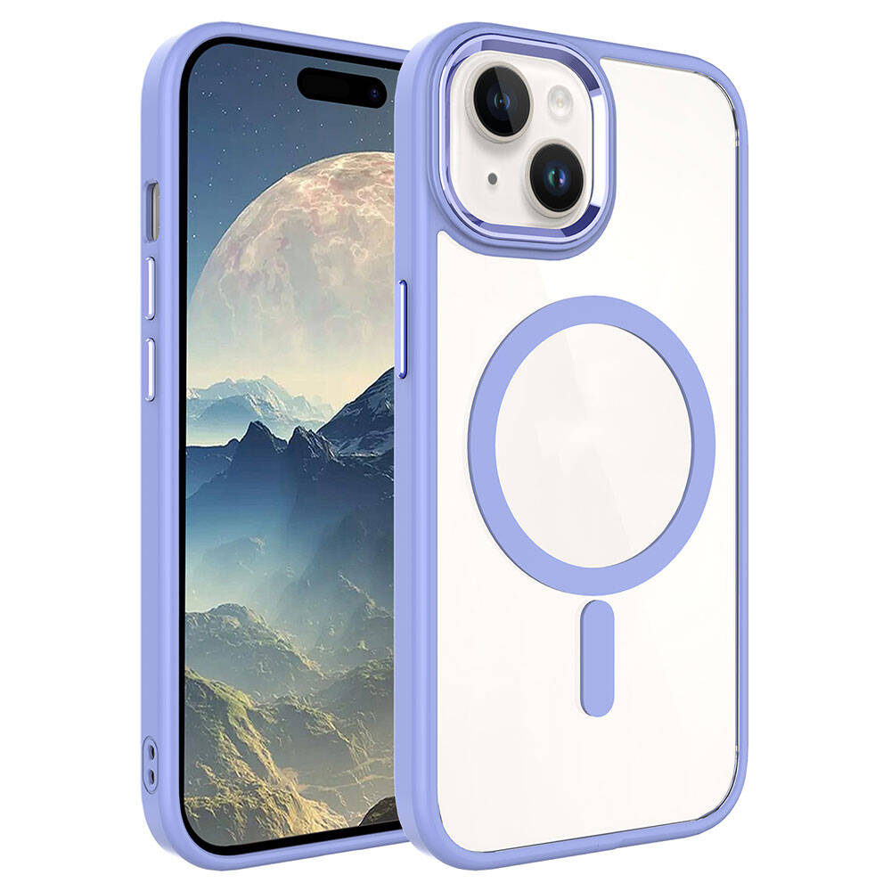 Apple iPhone 15 Kılıf Wireless Şarj Özellikli Zore Krom M-safe Silikon Kapak - Lila