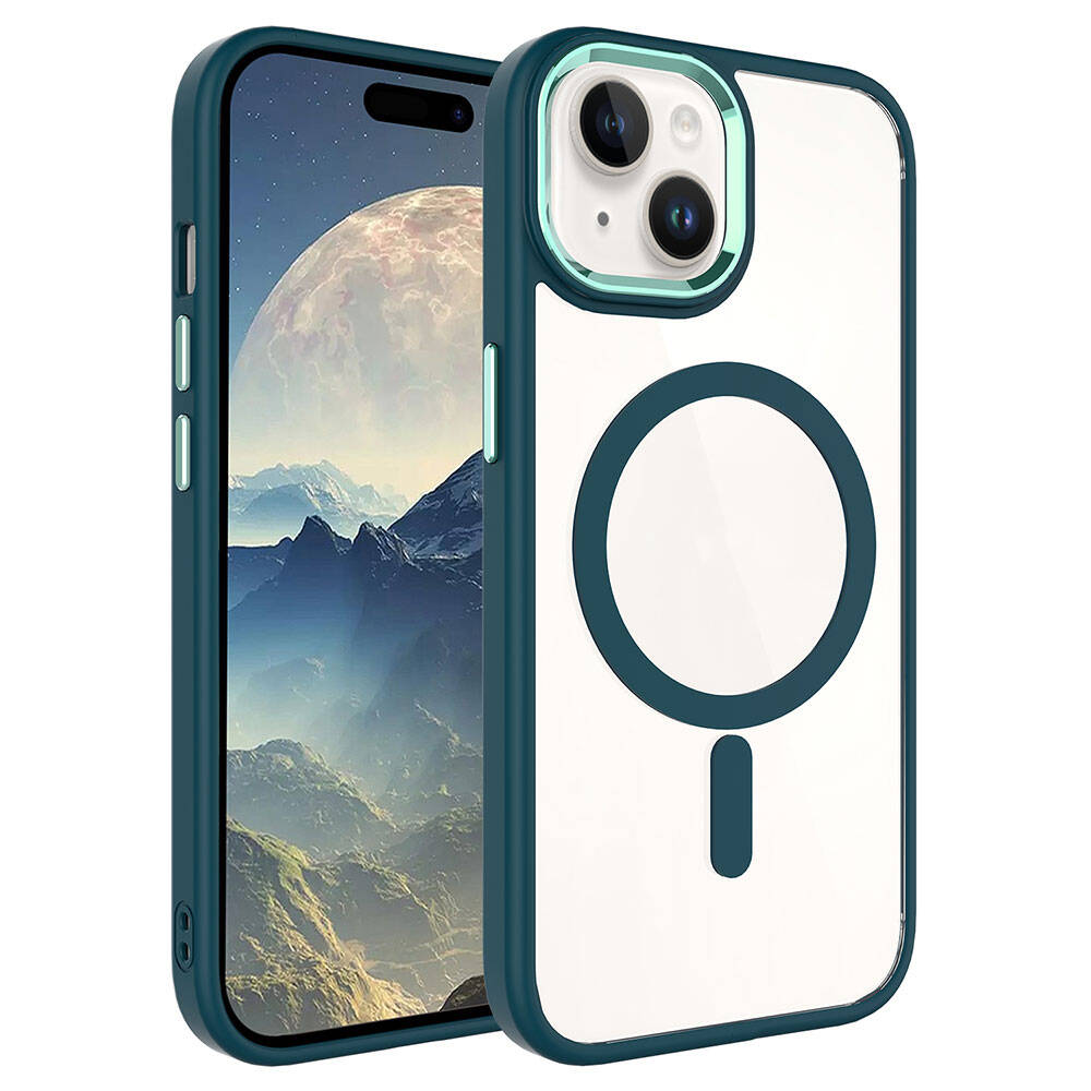 Apple iPhone 15 Kılıf Wireless Şarj Özellikli Zore Krom M-safe Silikon Kapak - Koyu Yeşil
