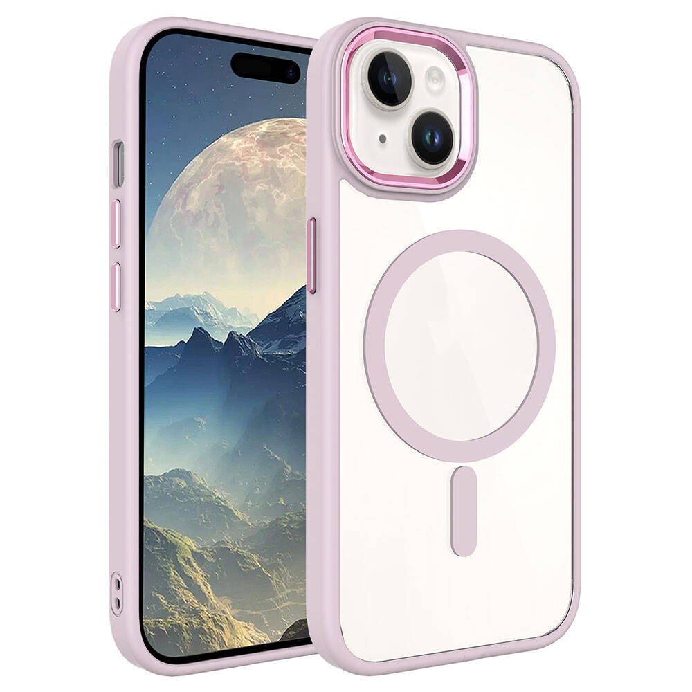 Apple iPhone 15 Kılıf Wireless Şarj Özellikli Zore Krom M-safe Silikon Kapak - Pembe Açık