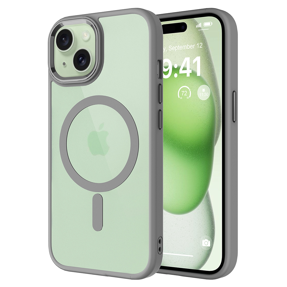 Apple iPhone 15 Kılıf Wireless Şarj Özellikli Zore Krom M-safe Silikon Kapak - Gri