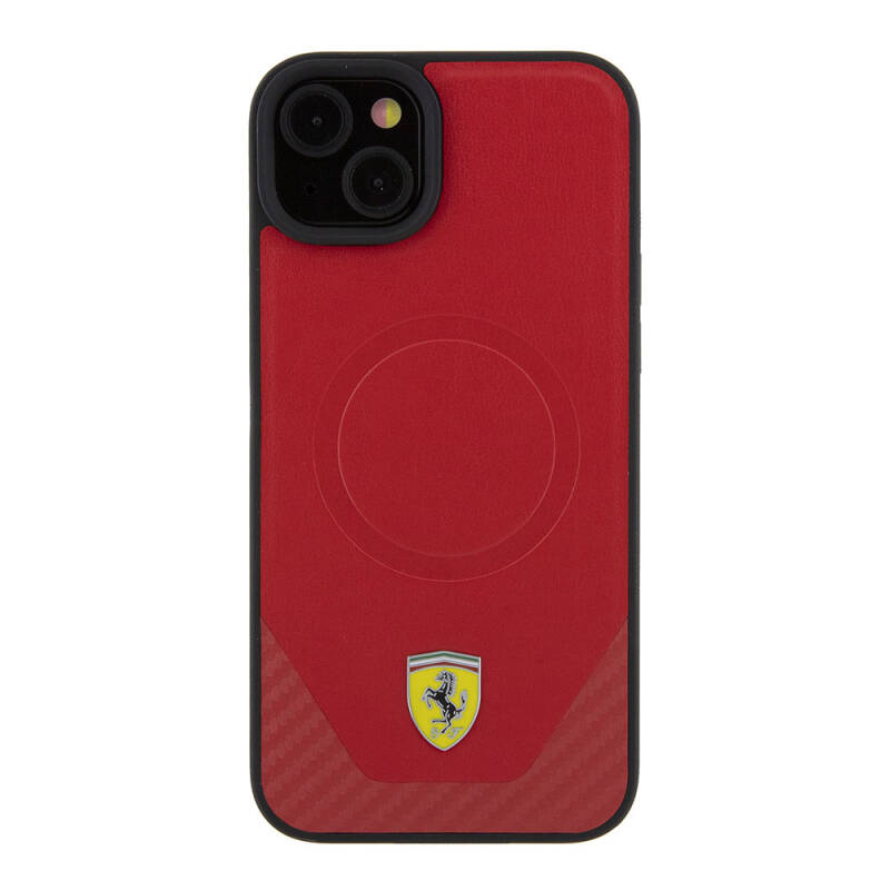 Apple iPhone 15 Plus Case Ferrari Original Licensed PU Carbon Metal Logo Magsafe Charge Feature Cover  - 3