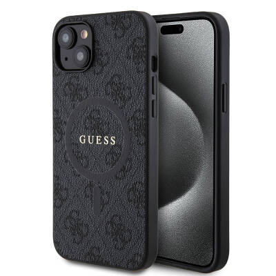 Apple iPhone 15 Plus Guess Orjinal Lisanslı M-safe Şarj Özellikli PU Halkalı 4G Desenli Yazı Logolu Kapak - Guess