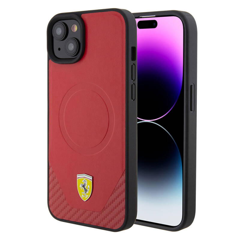 Apple iPhone 15 Plus Kılıf Ferrari Orjinal Lisanslı M-safe Şarj Özellikli Metal Logolu PU Karbon Kapak - 1