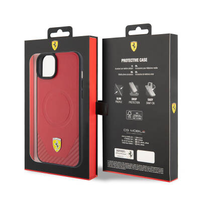 Apple iPhone 15 Plus Kılıf Ferrari Orjinal Lisanslı M-safe Şarj Özellikli Metal Logolu PU Karbon Kapak - 8