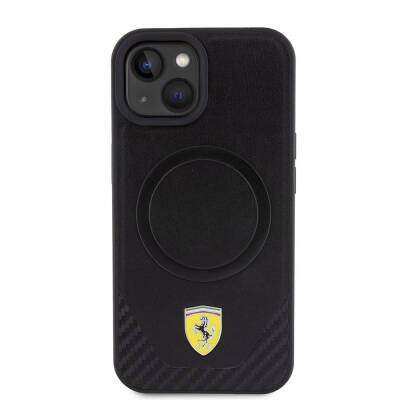 Apple iPhone 15 Plus Kılıf Ferrari Orjinal Lisanslı M-safe Şarj Özellikli Metal Logolu PU Karbon Kapak - 11
