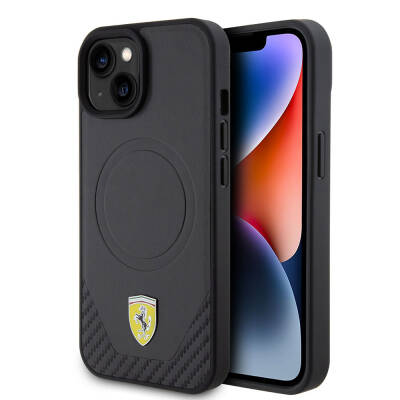 Apple iPhone 15 Plus Kılıf Ferrari Orjinal Lisanslı M-safe Şarj Özellikli Metal Logolu PU Karbon Kapak - 17