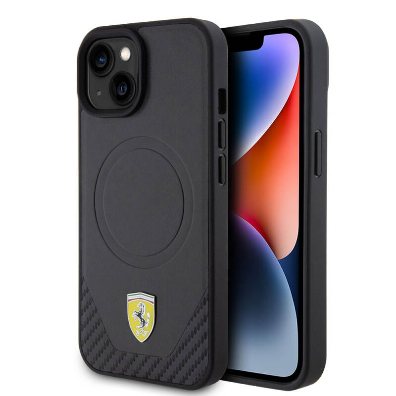 Apple iPhone 15 Plus Kılıf Ferrari Orjinal Lisanslı M-safe Şarj Özellikli Metal Logolu PU Karbon Kapak - 17