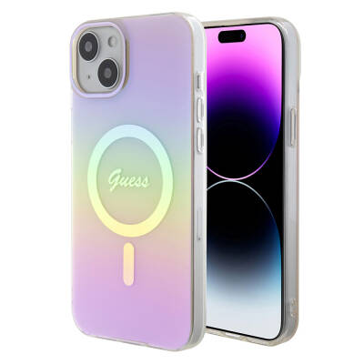 Apple iPhone 15 Plus Kılıf Guess Orjinal Lisanslı M-safe Şarj Özellikli Yazı Logolu Iridescent Kapak - Guess