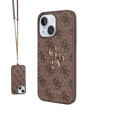 Apple iPhone 15 Plus Kılıf Guess Orjinal Lisanslı PU Deri 4G Büyük Metal Logolu Çapraz Vücut Askılı Kapak - Guess