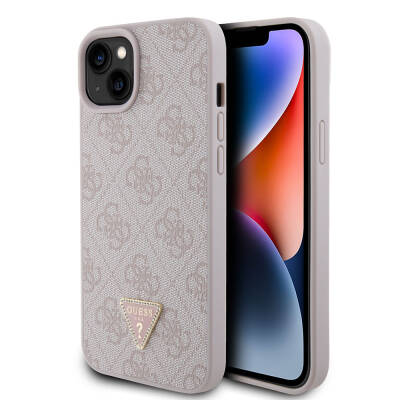 Apple iPhone 15 Plus Kılıf Guess Orjinal Lisanslı PU Deri Taşlı Üçgen Logo 4G Desenli Kapak - Guess