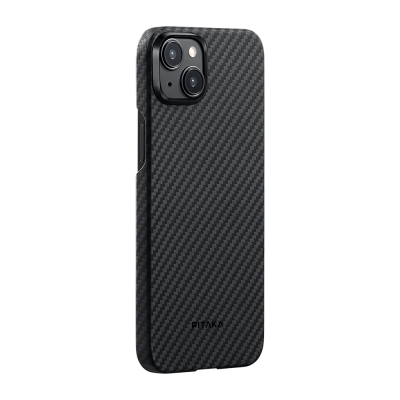 Apple iPhone 15 Plus Kılıf M-safe Şarj Özellikli 1500D Aramid Fiber Pitaka Ultra-Slim Classic Serisi Black-Grey Twill Kapak - Pitaka
