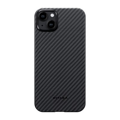 Apple iPhone 15 Plus Kılıf M-safe Şarj Özellikli 1500D Aramid Karbon Fiber Pitaka Ultra-Slim Classic Serisi Black-Grey Twill Kapak - 3