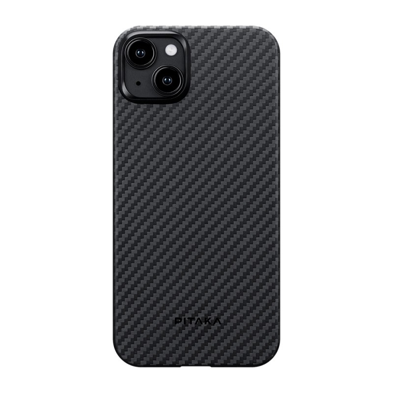 Apple iPhone 15 Plus Kılıf M-safe Şarj Özellikli 1500D Aramid Karbon Fiber Pitaka Ultra-Slim Classic Serisi Black-Grey Twill Kapak - 3