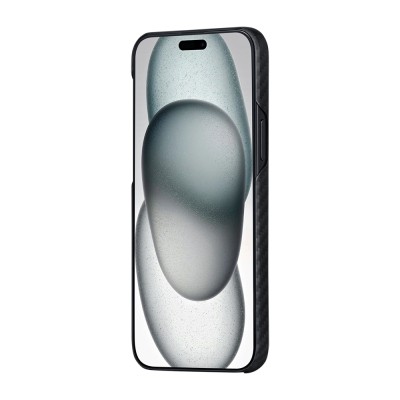 Apple iPhone 15 Plus Kılıf M-safe Şarj Özellikli 1500D Aramid Karbon Fiber Pitaka Ultra-Slim Classic Serisi Black-Grey Twill Kapak - 9