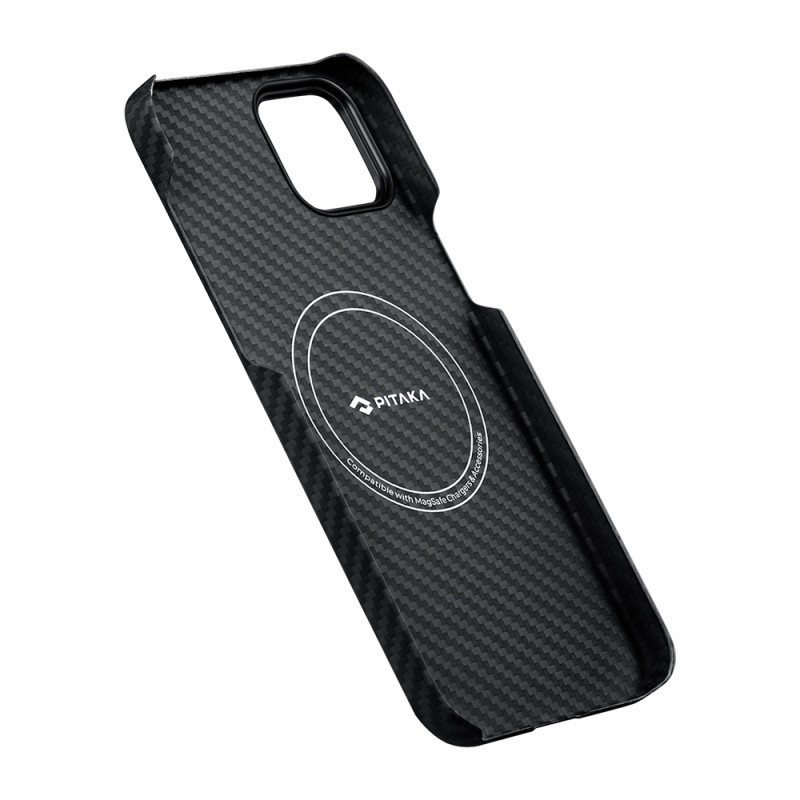 Apple iPhone 15 Plus Kılıf M-safe Şarj Özellikli 1500D Aramid Karbon Fiber Pitaka Ultra-Slim Classic Serisi Black-Grey Twill Kapak - 5