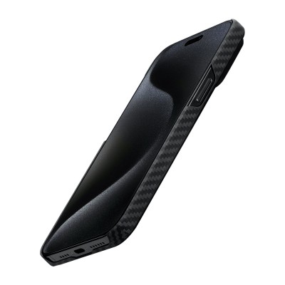 Apple iPhone 15 Plus Kılıf M-safe Şarj Özellikli 1500D Aramid Karbon Fiber Pitaka Ultra-Slim Classic Serisi Black-Grey Twill Kapak - 8