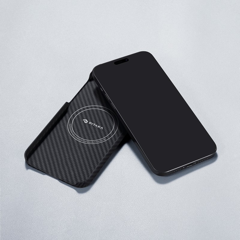 Apple iPhone 15 Plus Kılıf M-safe Şarj Özellikli 1500D Aramid Karbon Fiber Pitaka Ultra-Slim Classic Serisi Black-Grey Twill Kapak - 10