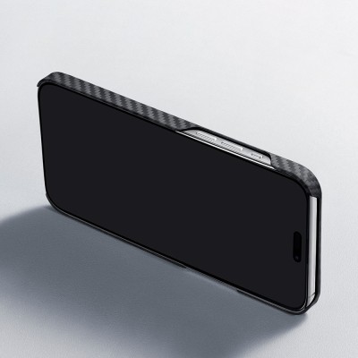 Apple iPhone 15 Plus Kılıf M-safe Şarj Özellikli 1500D Aramid Karbon Fiber Pitaka Ultra-Slim Classic Serisi Black-Grey Twill Kapak - 11