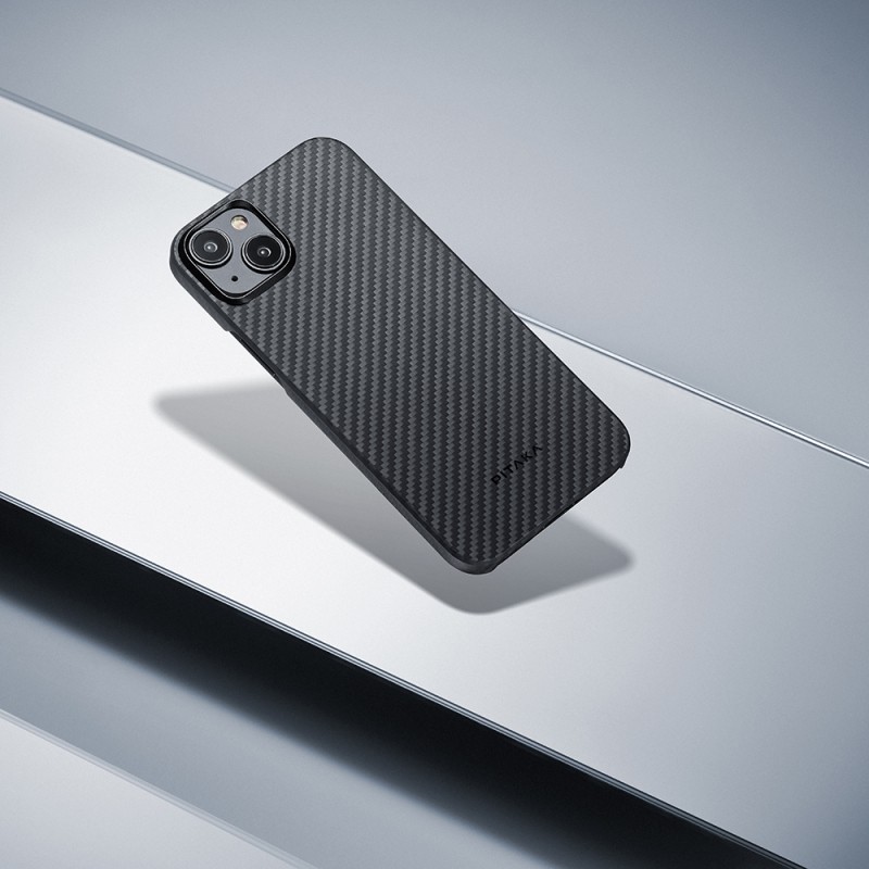 Apple iPhone 15 Plus Kılıf M-safe Şarj Özellikli 1500D Aramid Karbon Fiber Pitaka Ultra-Slim Classic Serisi Black-Grey Twill Kapak - 13