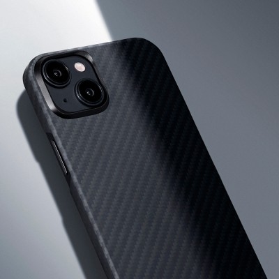 Apple iPhone 15 Plus Kılıf M-safe Şarj Özellikli 1500D Aramid Karbon Fiber Pitaka Ultra-Slim Classic Serisi Black-Grey Twill Kapak - 14