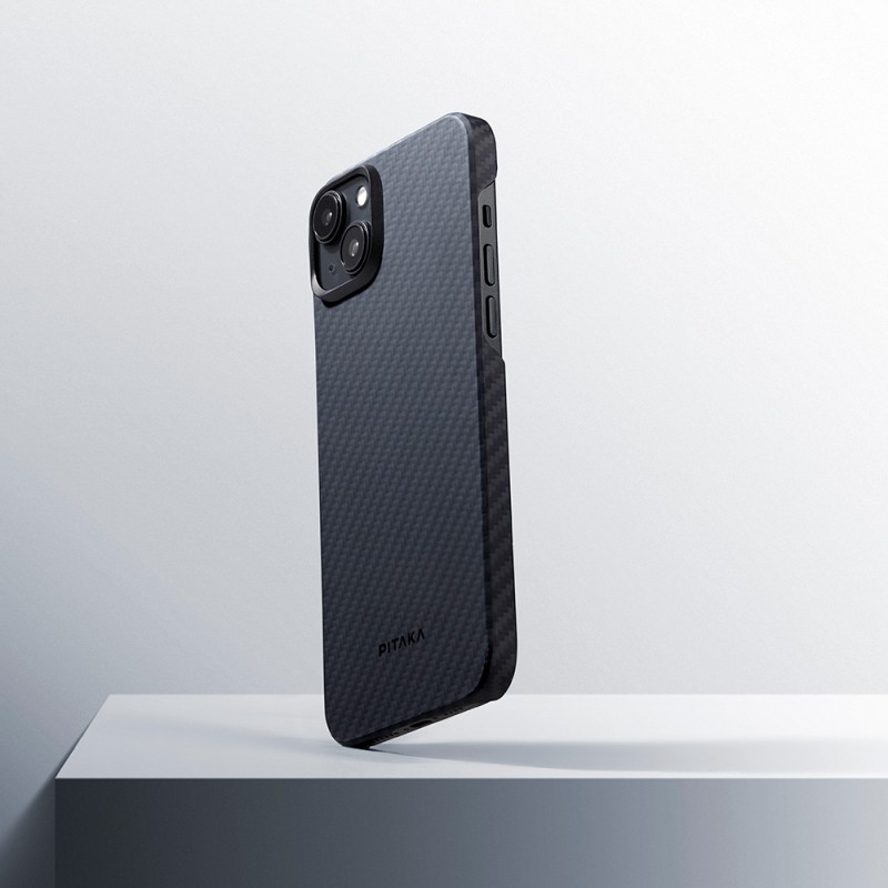 Apple iPhone 15 Plus Kılıf M-safe Şarj Özellikli 1500D Aramid Karbon Fiber Pitaka Ultra-Slim Classic Serisi Black-Grey Twill Kapak - 16