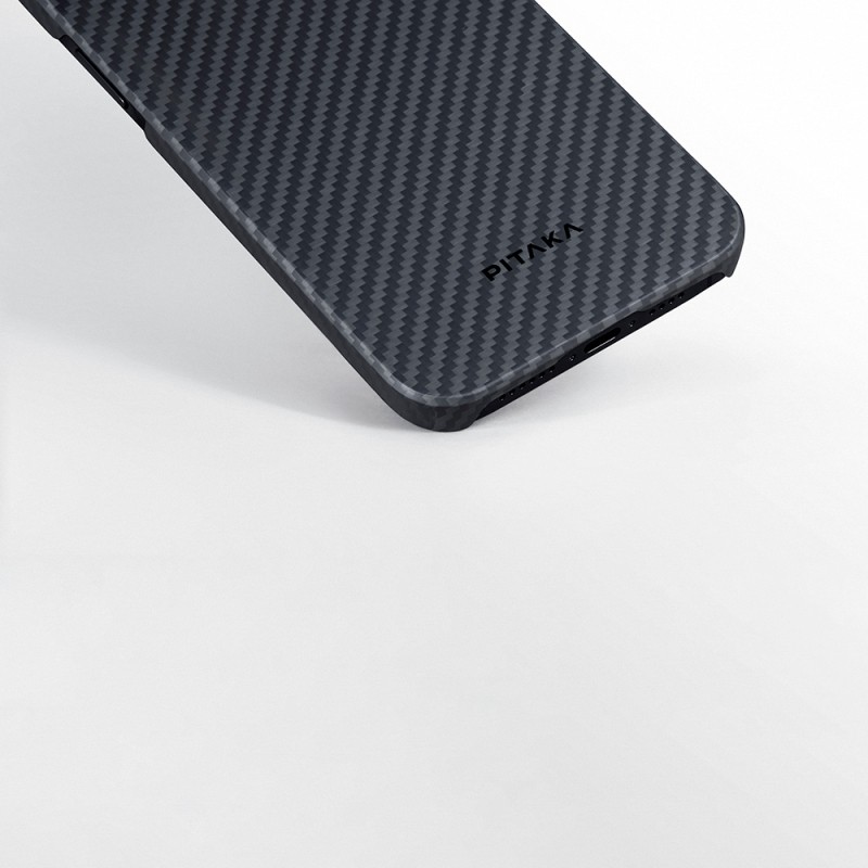 Apple iPhone 15 Plus Kılıf M-safe Şarj Özellikli 1500D Aramid Karbon Fiber Pitaka Ultra-Slim Classic Serisi Black-Grey Twill Kapak - 15