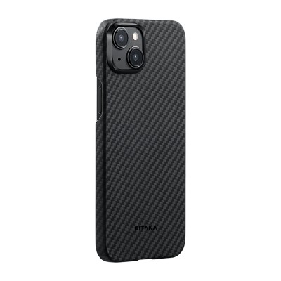 Apple iPhone 15 Plus Kılıf M-safe Şarj Özellikli 1500D Aramid Karbon Fiber Pitaka Ultra-Slim Classic Serisi Black-Grey Twill Kapak - 2