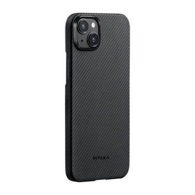 Apple iPhone 15 Plus Kılıf M-safe Şarj Özellikli 600D Aramid Fiber Pitaka Ultra-Slim Classic Serisi Black-Grey Twill Kapak - Pitaka