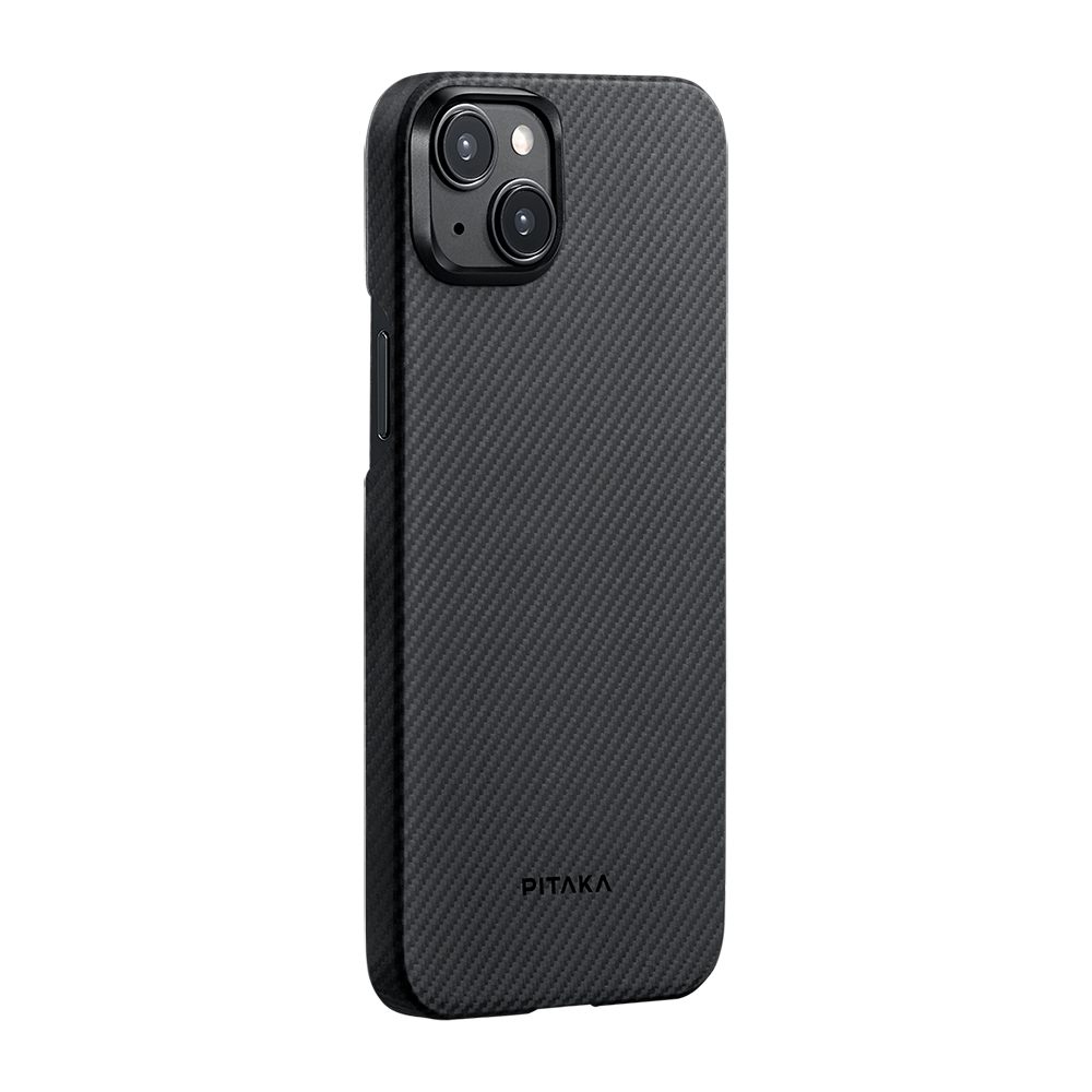 Apple iPhone 15 Plus Kılıf M-safe Şarj Özellikli 600D Aramid Fiber Pitaka Ultra-Slim Classic Serisi Black-Grey Twill Kapak - Siyah-Gri