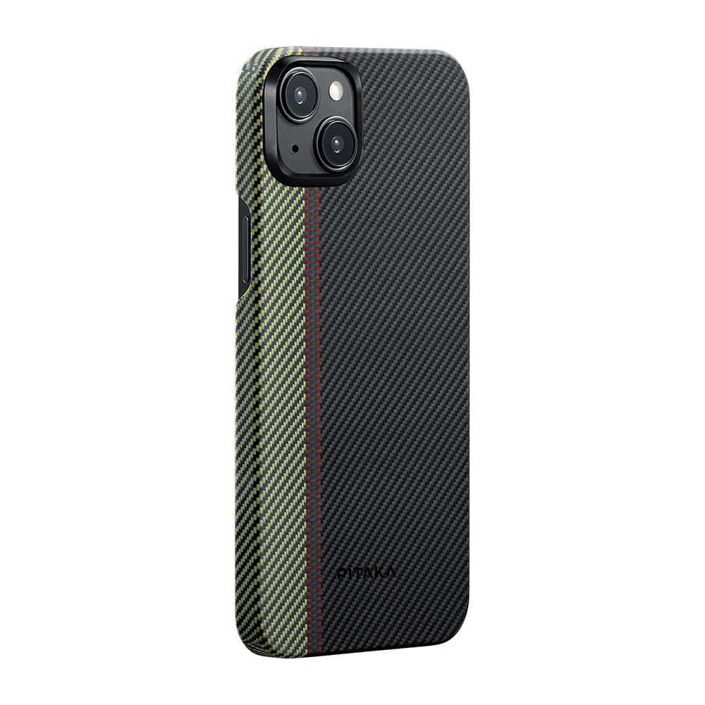 Apple iPhone 15 Plus Kılıf M-safe Şarj Özellikli 600D Aramid Fiber Pitaka Tactile Woven Orchestra Serisi Overture Kapak - Siyah-Yeşil