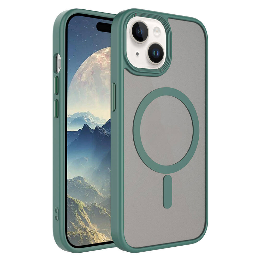 Apple iPhone 15 Plus Kılıf Mat Arka Yüzey Wireless Şarj Özellikli Zore Flet M-safe Kapak - Yeşil