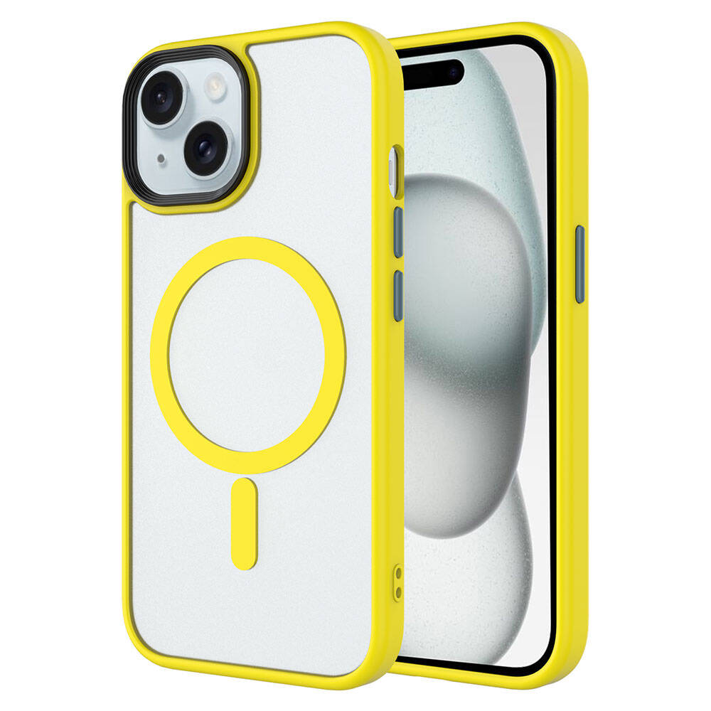Apple iPhone 15 Plus Kılıf Mat Arka Yüzey Wireless Şarj Özellikli Zore Flet M-safe Kapak - Sarı