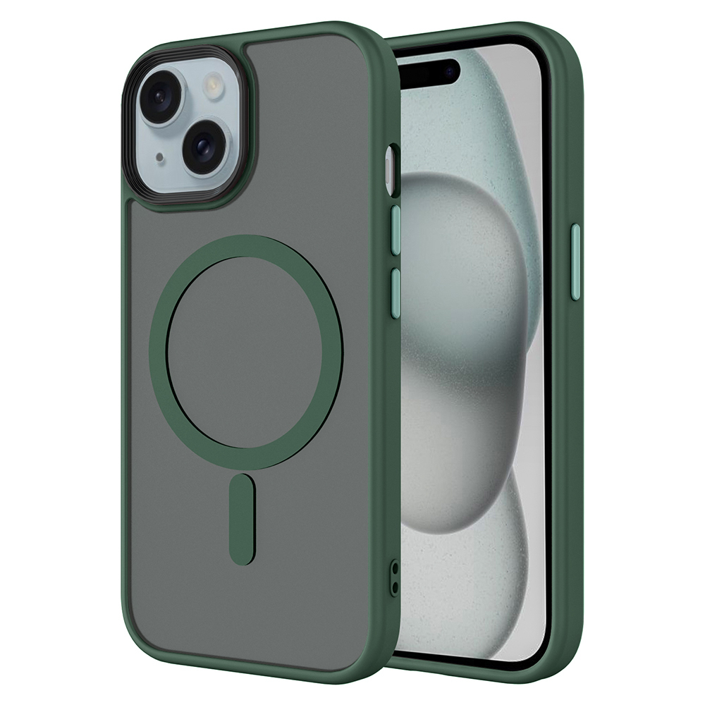 Apple iPhone 15 Plus Kılıf Mat Arka Yüzey Wireless Şarj Özellikli Zore Flet M-safe Kapak - Koyu Yeşil