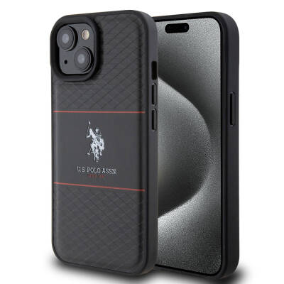 Apple iPhone 15 Plus Kılıf U.S. Polo Assn. Orjinal Lisanslı Deri Şeritli Logo Dizayn Kapak - U.S. Polo Assn.