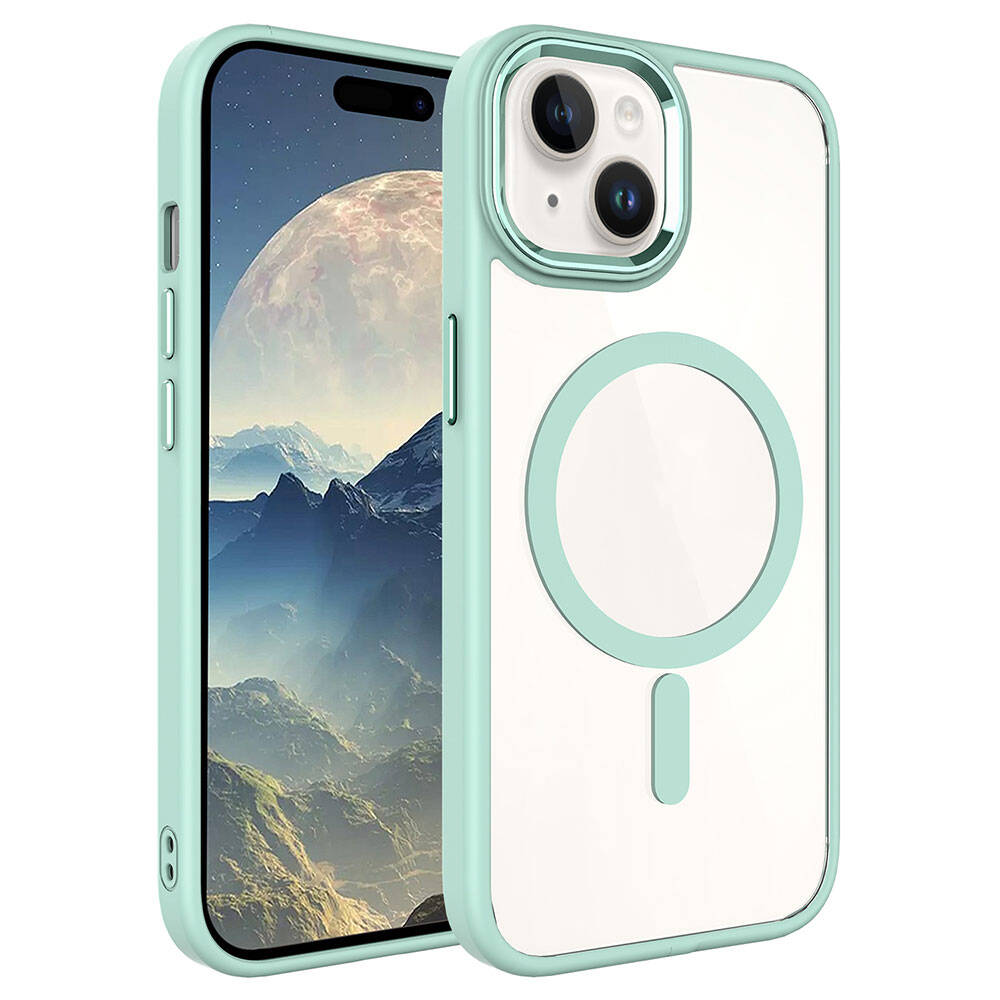 Apple iPhone 15 Plus Kılıf Wireless Şarj Özellikli Zore Krom M-safe Silikon Kapak - Yeşil