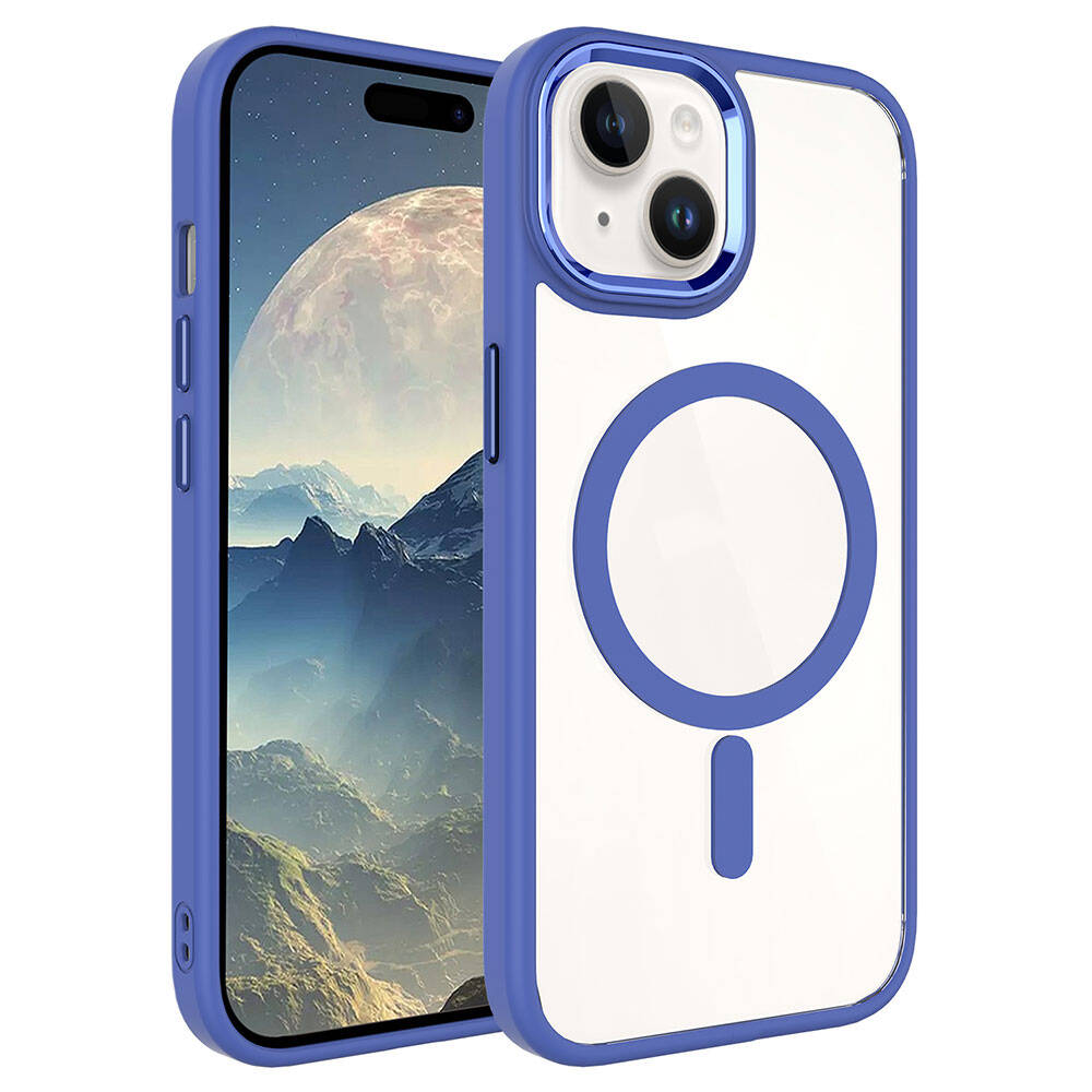 Apple iPhone 15 Plus Kılıf Wireless Şarj Özellikli Zore Krom M-safe Silikon Kapak - Mavi