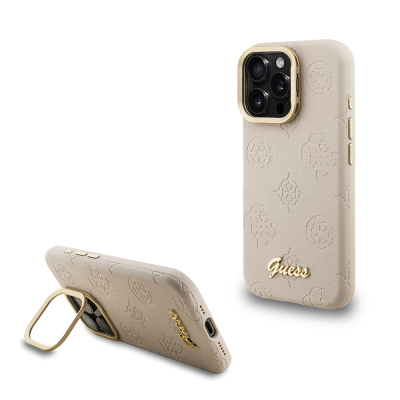 Apple iPhone 15 Pro Case Guess Original Licensed M-safe Charging Feature Hot Printed Text Logo Camera Stand PU Leather Peony Cover - Guess