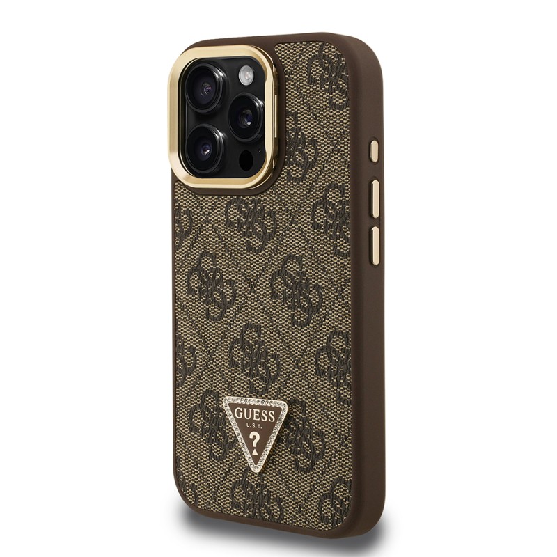 Apple iPhone 15 Pro Case Guess Original Licensed PU Leather Stone Triangle Logo 4G Patterned Camera Stand Cover - 5