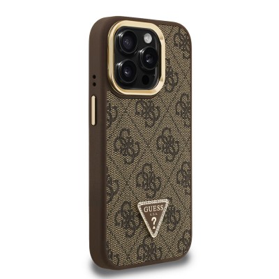 Apple iPhone 15 Pro Case Guess Original Licensed PU Leather Stone Triangle Logo 4G Patterned Camera Stand Cover - 7