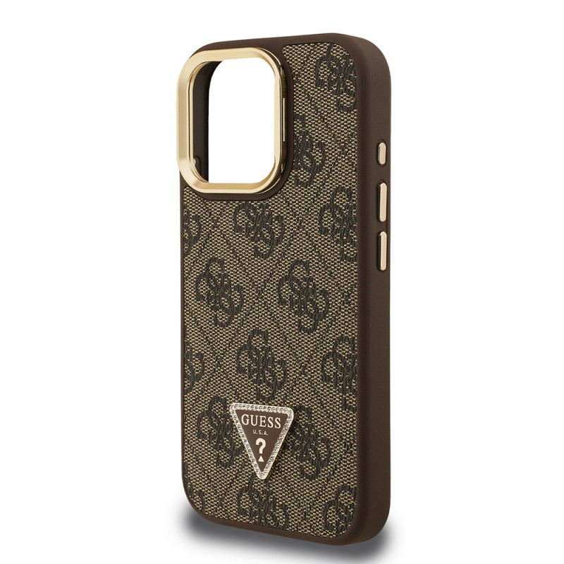 Apple iPhone 15 Pro Case Guess Original Licensed PU Leather Stone Triangle Logo 4G Patterned Camera Stand Cover - 9