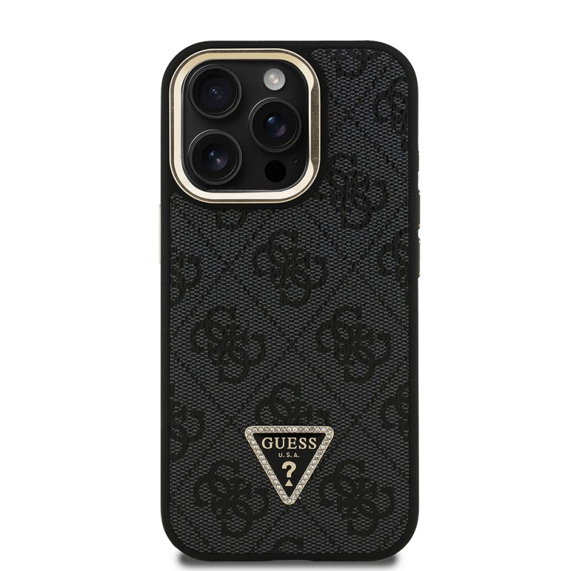 Apple iPhone 15 Pro Case Guess Original Licensed PU Leather Stone Triangle Logo 4G Patterned Camera Stand Cover - 13