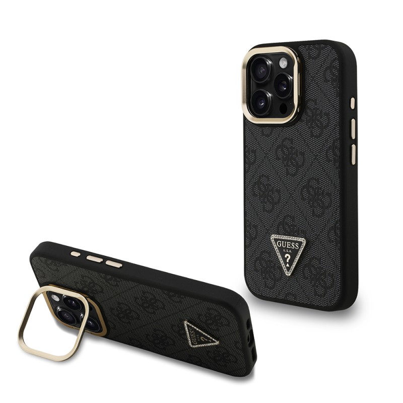 Apple iPhone 15 Pro Case Guess Original Licensed PU Leather Stone Triangle Logo 4G Patterned Camera Stand Cover - 3