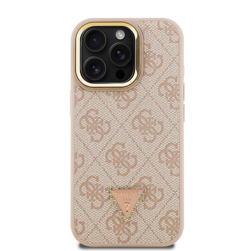 Apple iPhone 15 Pro Case Guess Original Licensed PU Leather Stone Triangle Logo 4G Patterned Camera Stand Cover - 20